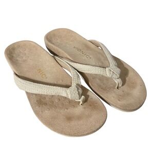 Vionic Mattie Sandals Womens‎ 8.5 Cream Tan Macrame Orthotic Flip Flop Comfort